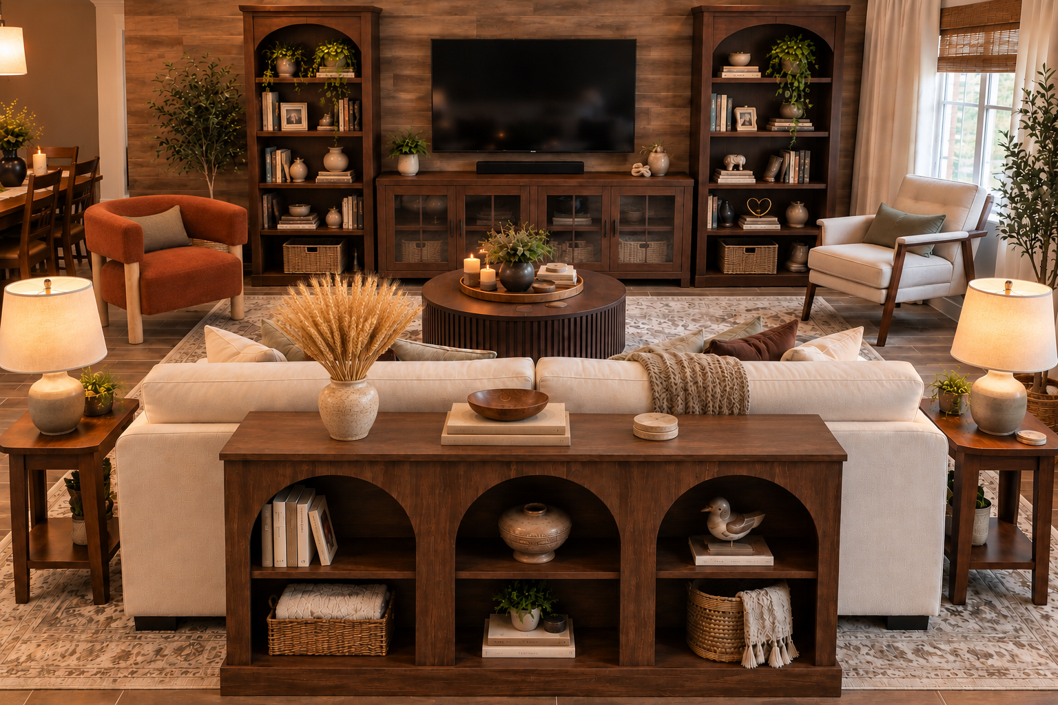 Sofa seating area in the Findishly living room with space around each piece