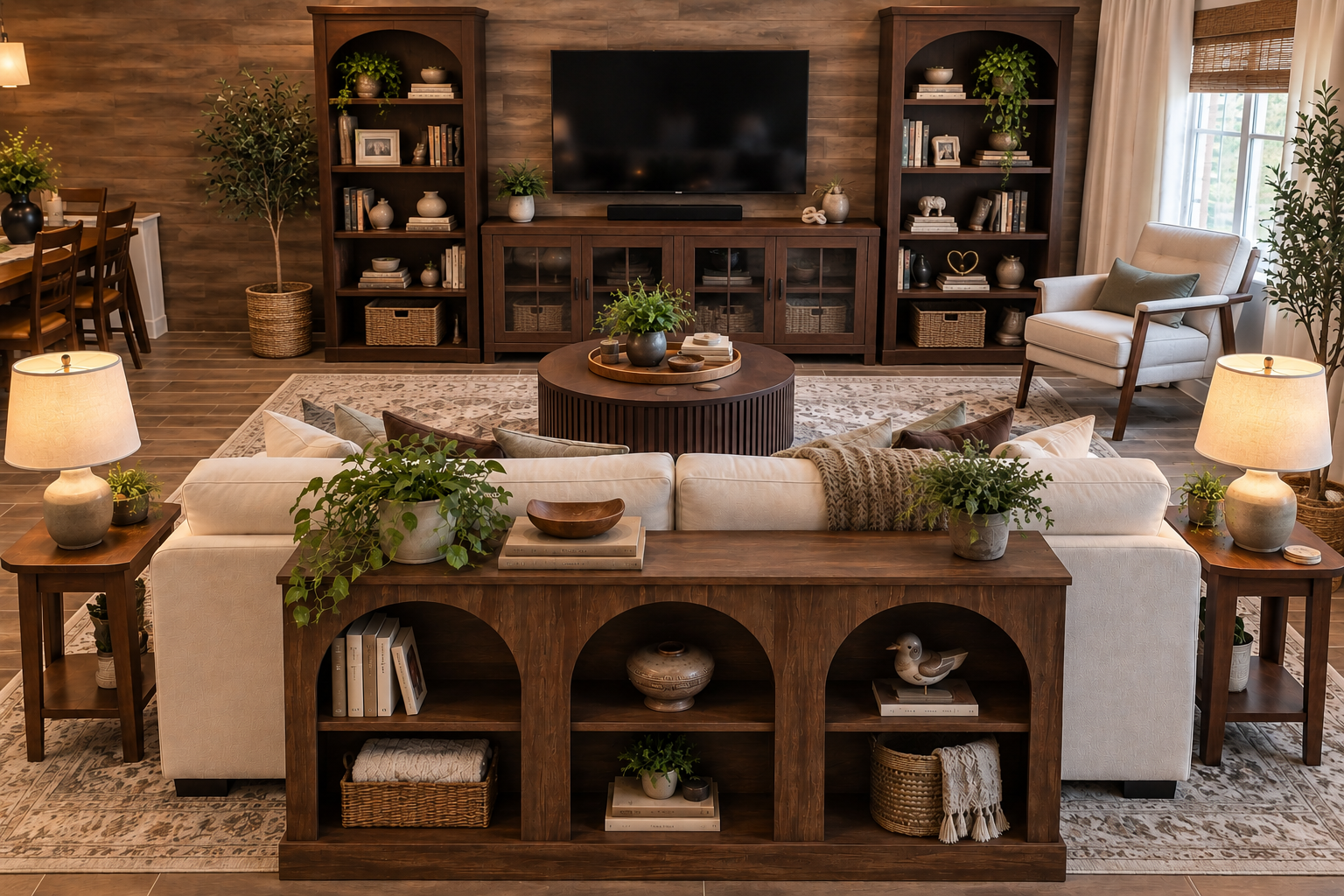 A warm, lived-in living room with a sofa, layered furniture, and plants.