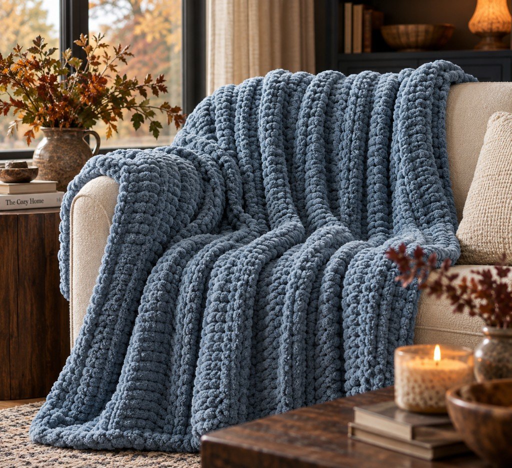 Dusty blue chunky knit throw blanket draped over the arm of a sofa.
