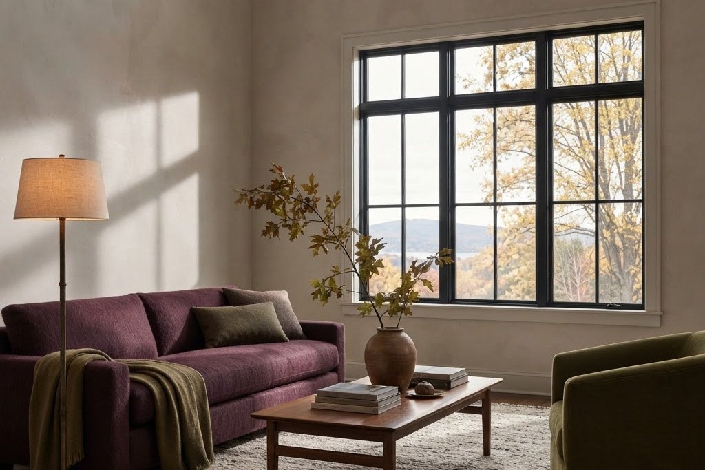 Fall living room with a plum sofa, olive chair and aged brass details beside an autumn-facing window.