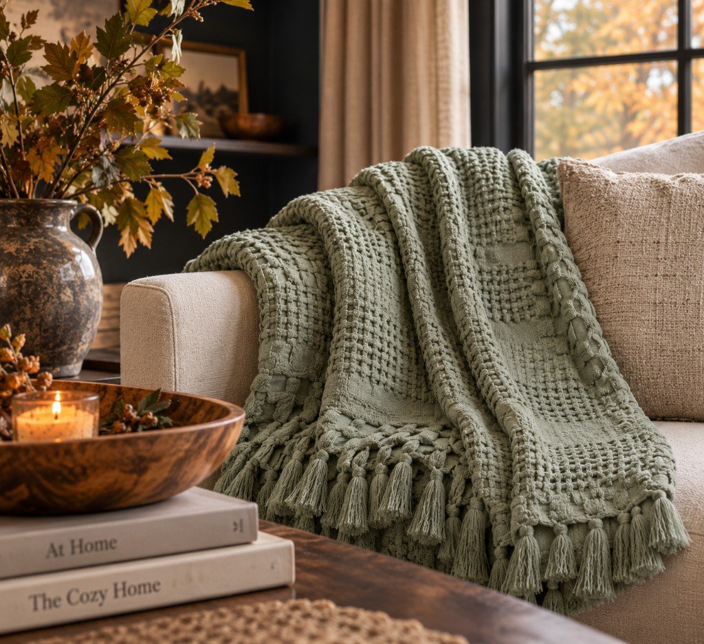 Sage green waffle weave throw with fringe styled on a chair.