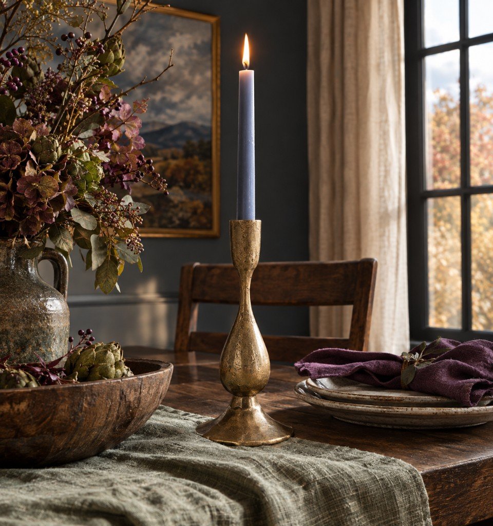 Hand-forged antique brass taper holder with a lit periwinkle candle on a dining table.