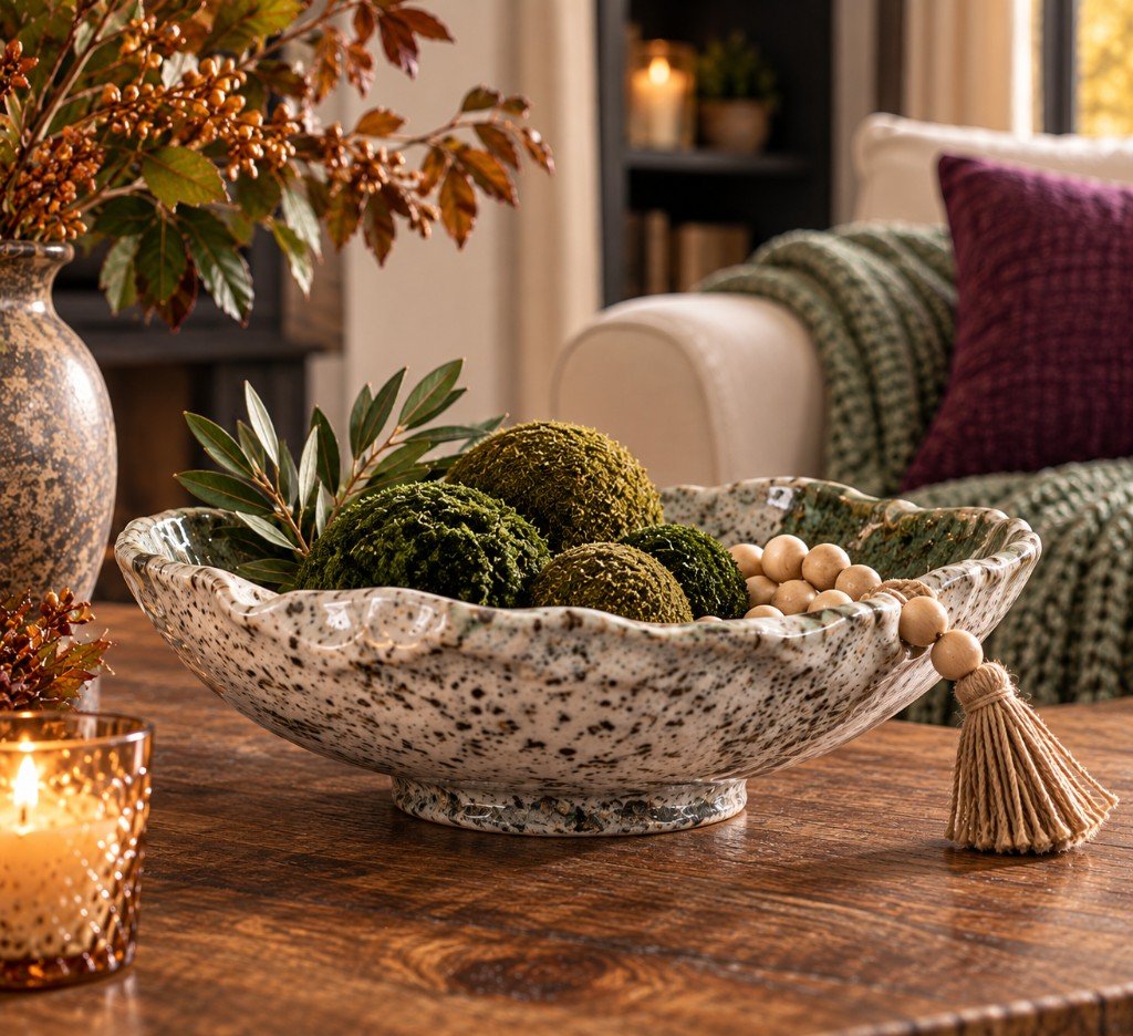 Speckled moss green glazed ceramic bowl styled with moss spheres and wooden beads.