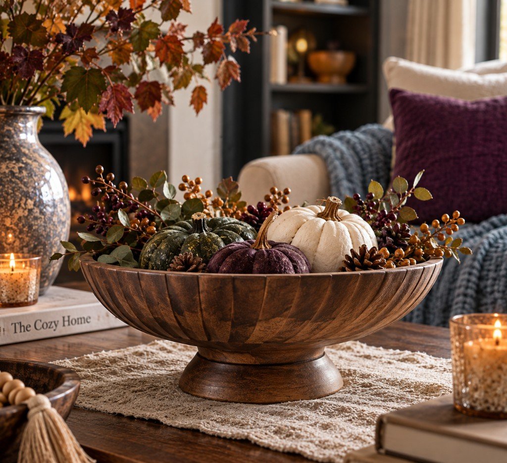 Hand-carved mango wood pedestal bowl styled with patterned pumpkins, berries and autumn foliage.