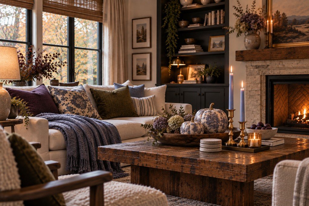 Fall living room styled with periwinkle candles and blue floral decoupage pumpkins among warm wood, brass, plum and olive accents.