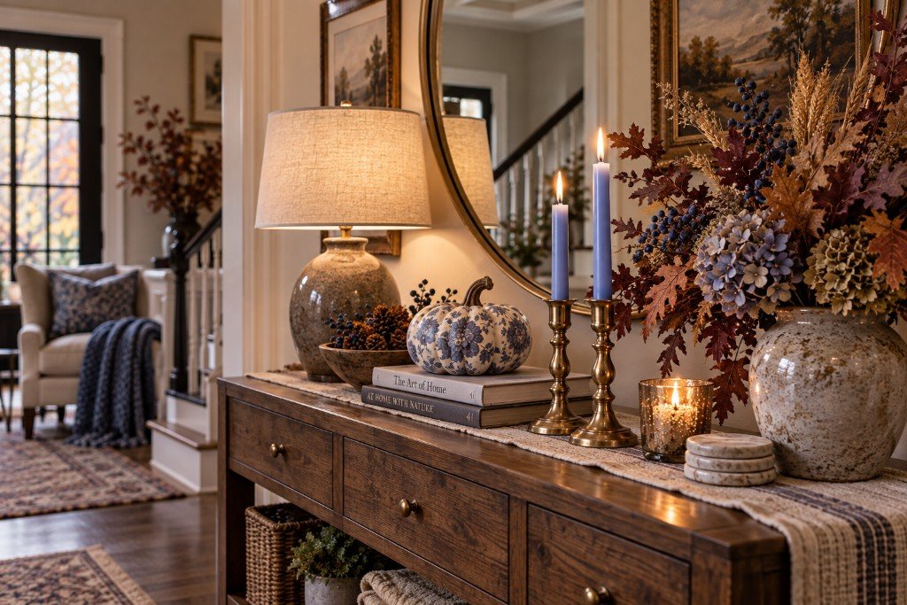Warm entryway console styled with periwinkle candles, a blue floral decoupage pumpkin, walnut wood, brass and autumn foliage.