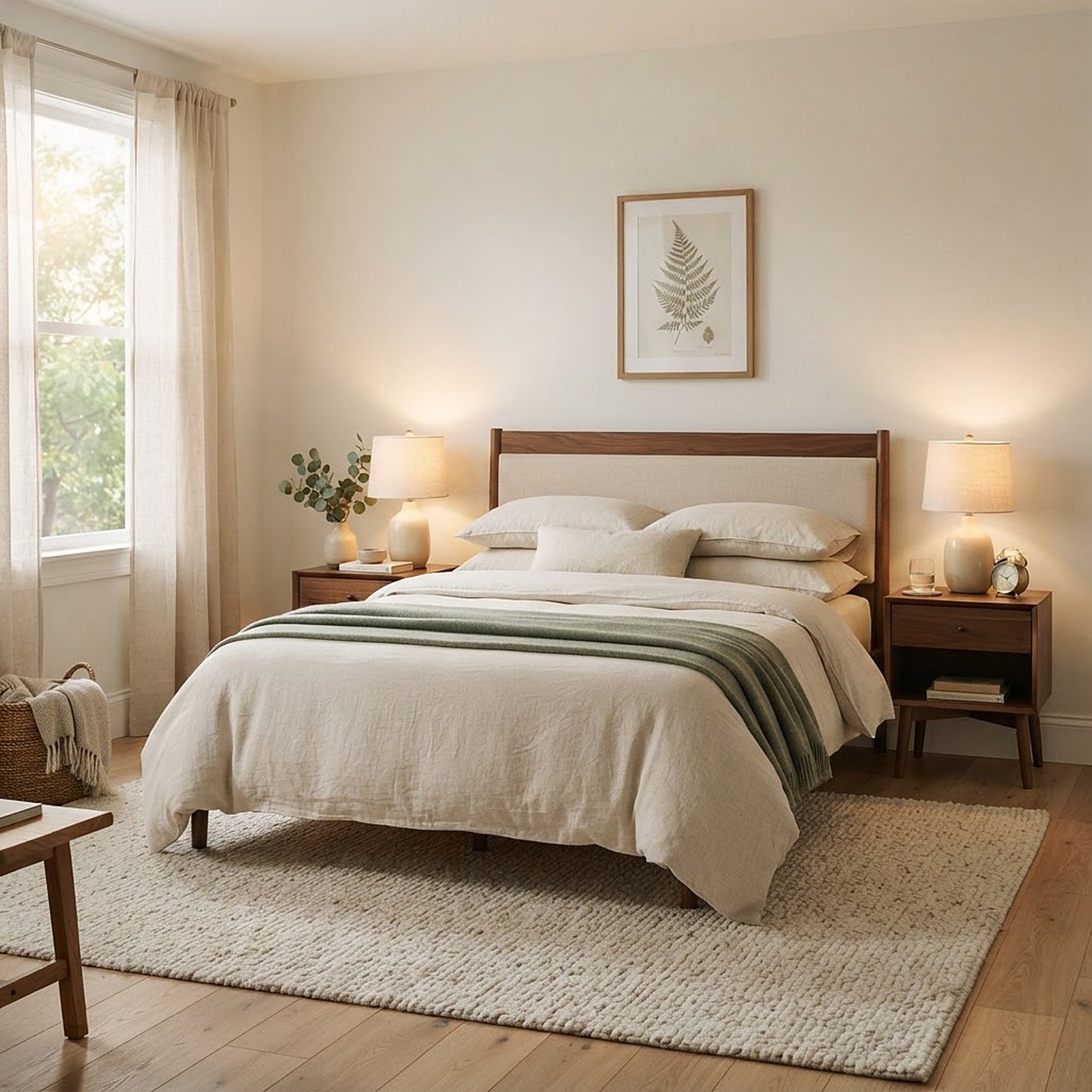 A calm, styled bedroom with layered linens and soft light.