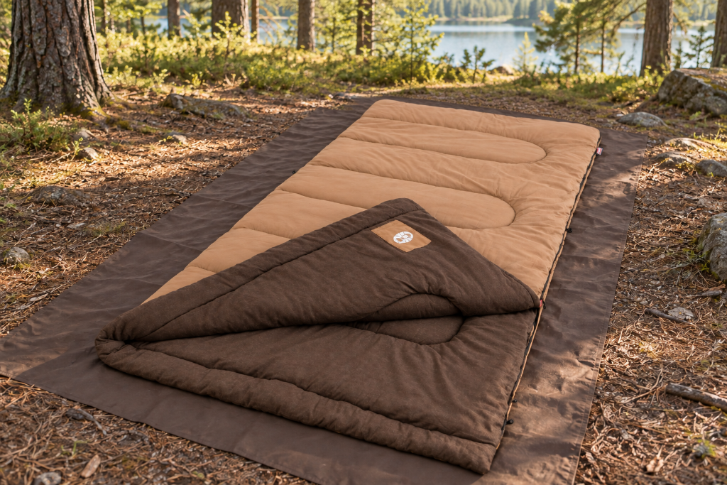 Cozy flannel-lined Coleman sleeping bag spread open on a camping pad inside a tent.