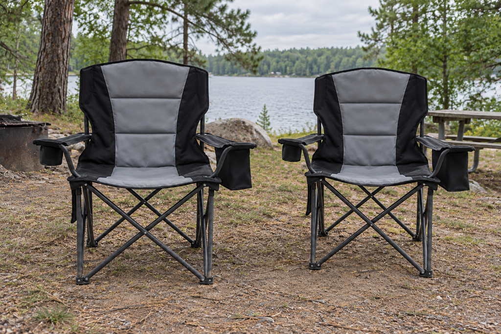Two oversized black padded camping chairs around a fire pit with drinks and trees in the background.