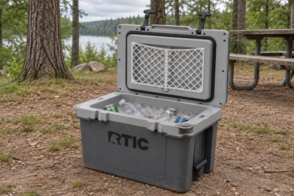RTIC hard cooler beside a camp picnic table with cold drinks, fruit, and sandwich supplies.