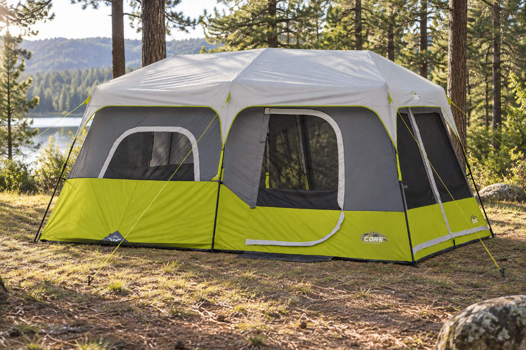 Green CORE instant cabin tent set up beneath tall trees at a family campsite.