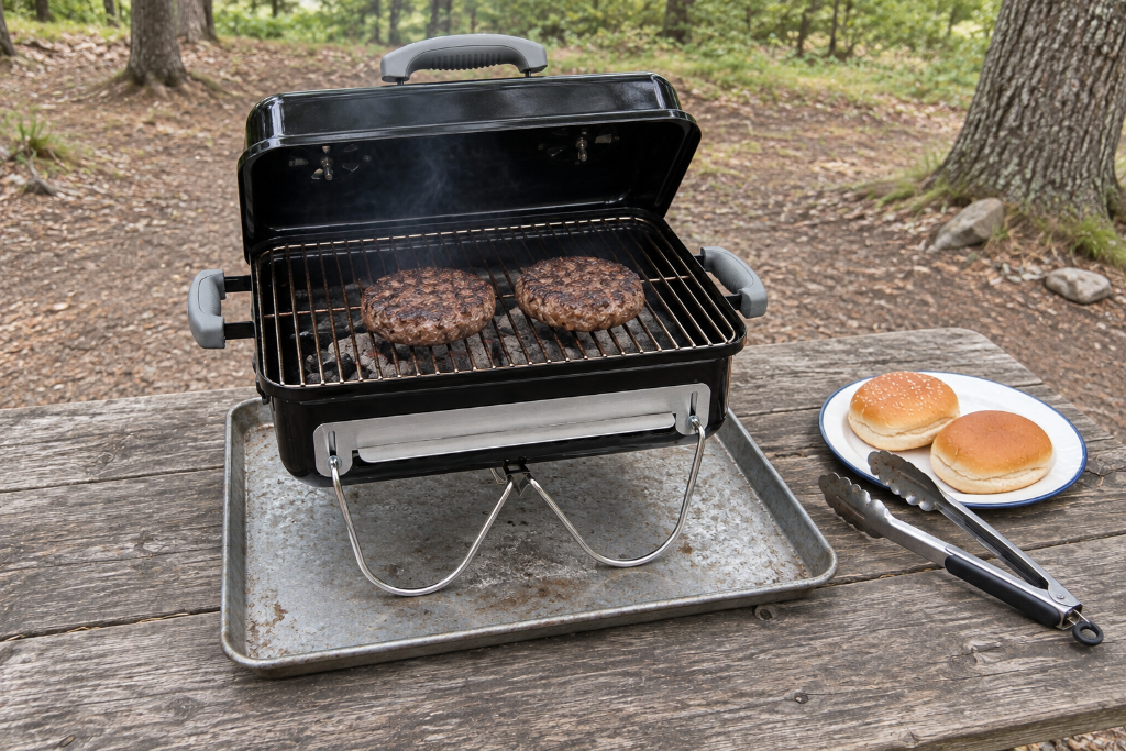 Weber Go-Anywhere portable charcoal grill cooking dinner at a wooded campsite.