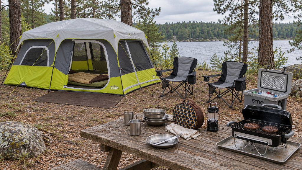 Full campsite setup by a lake with a green and grey tent, two camping chairs, a cooler, and a grill on a picnic table.