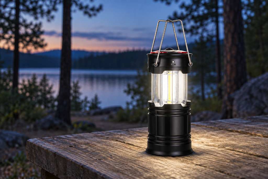 Two rechargeable camping lanterns illuminating a tent entrance and rustic camp table after dark.