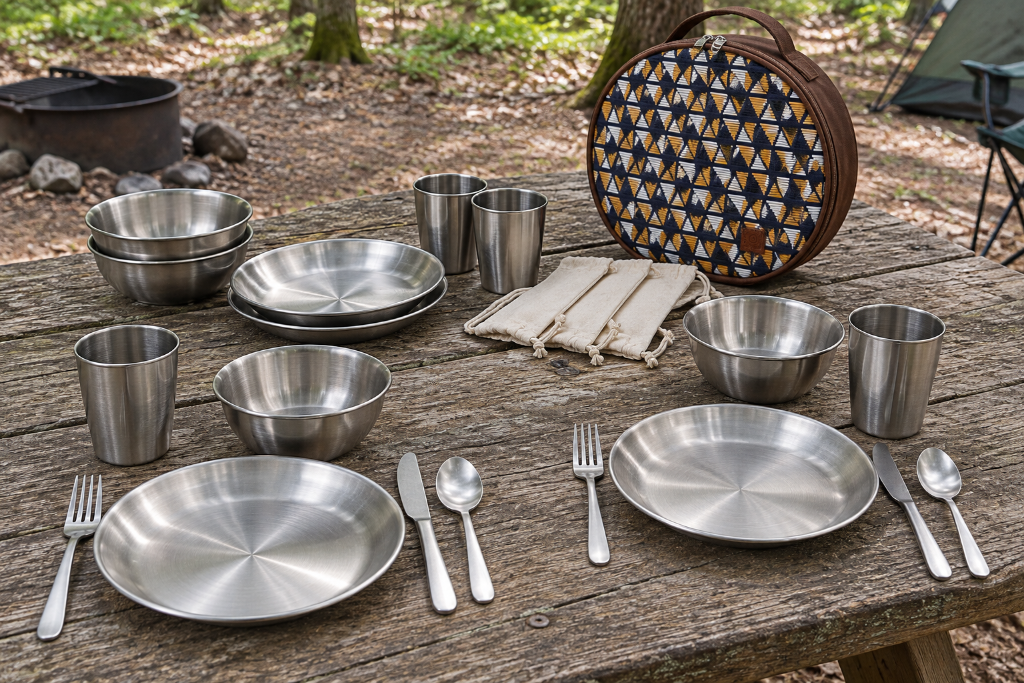 Organized stainless steel camping plates, bowls, cups, and utensils arranged on a rustic picnic table.