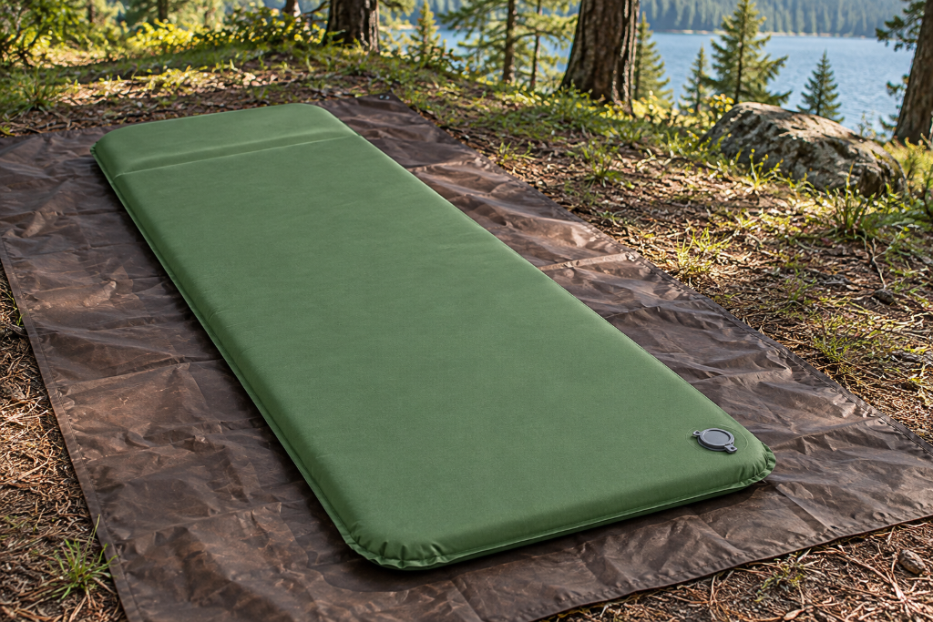 Thick self-inflating camping pad inside a softly lit tent with blankets and a sleeping bag.