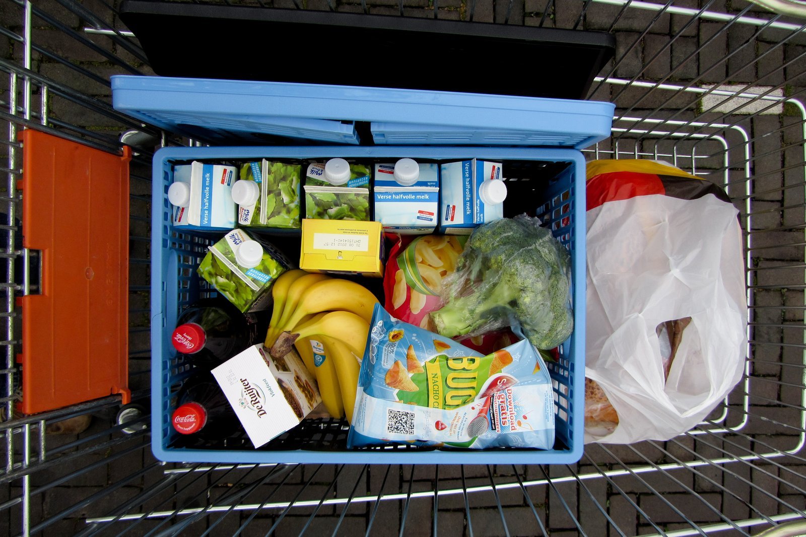 An overhead view of a shopping cart holding groceries, including milk, bananas, and bags.