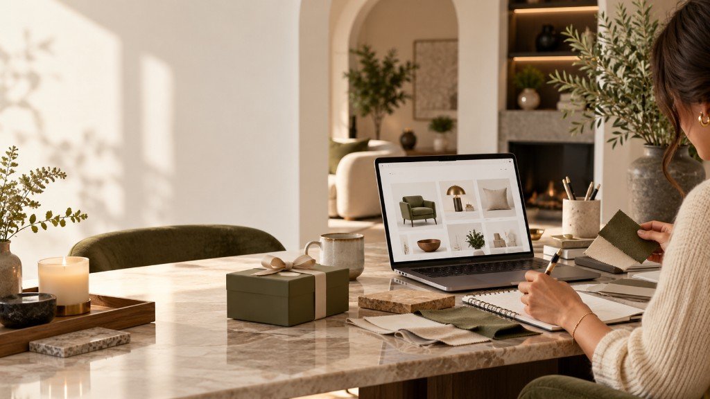A woman at a sunlit desk shopping the Findishly site on a laptop, with a green gift box and fabric swatches nearby.