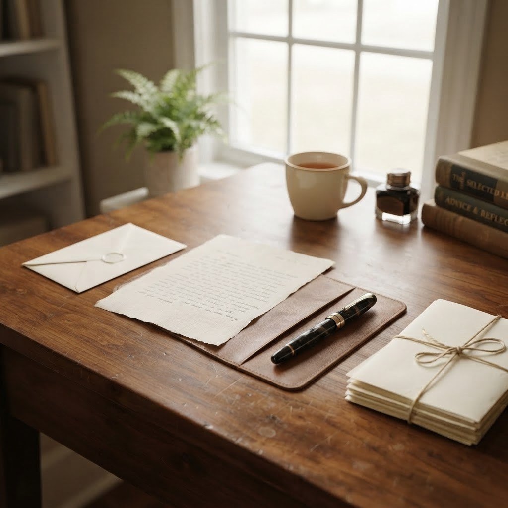 A warm writing desk with a cream linen letter, a fountain pen, and envelopes tied with twine in soft morning light.