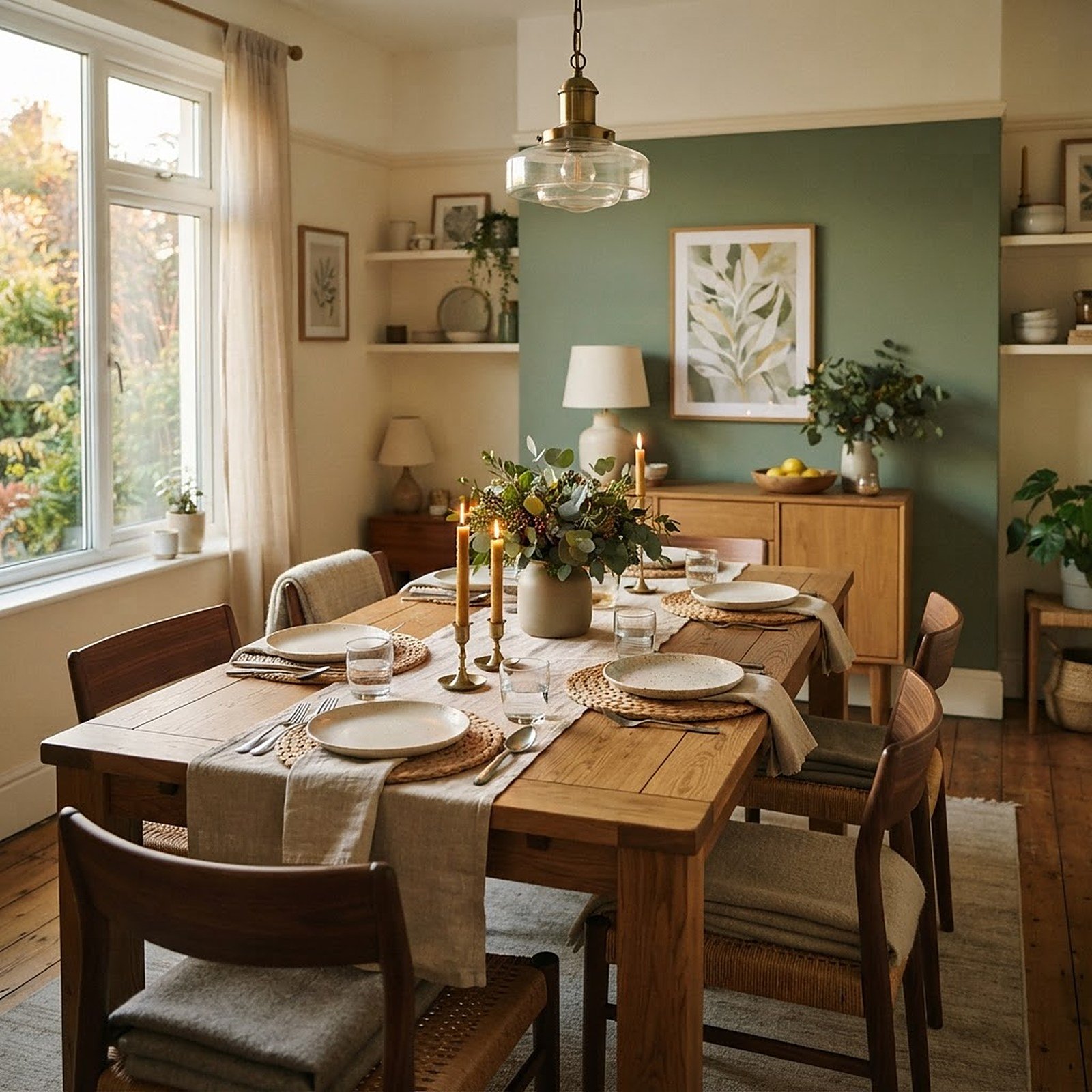 A styled residential dining room set for a long, easy dinner.