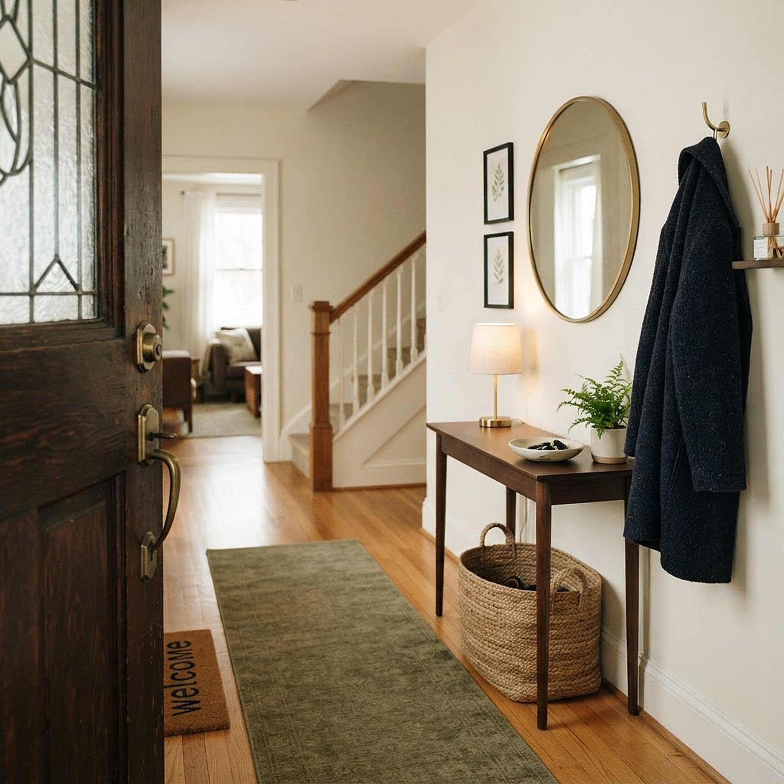 A welcoming residential entryway with warm light.