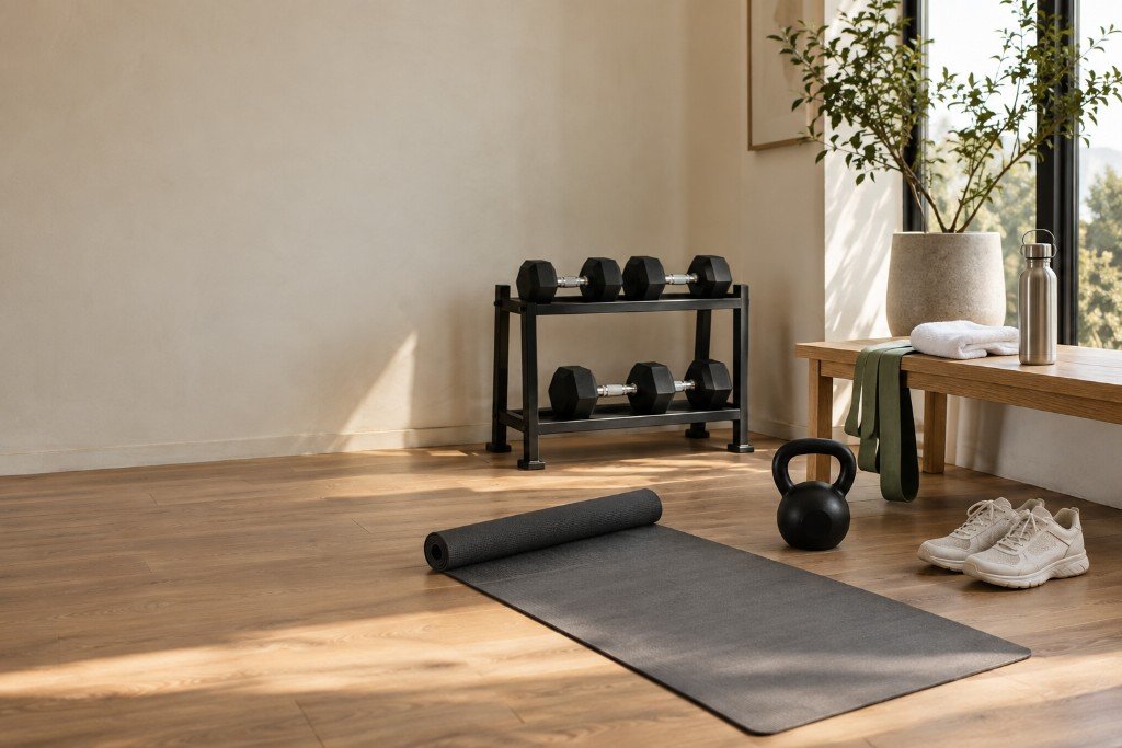 A home fitness corner with dumbbells, a kettlebell, and a yoga mat.