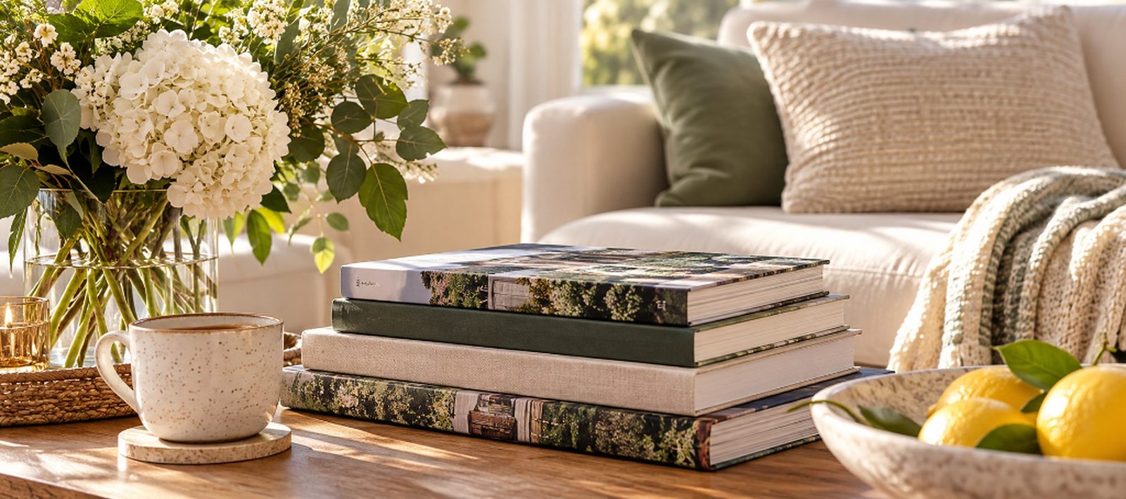 A warm coffee table still life: white hydrangeas in a glass vase, a stack of coffee-table books beside a stoneware mug, a lit candle, and a cream sofa with a sage-green pillow and knit throw, with a bowl of lemons in soft natural light.