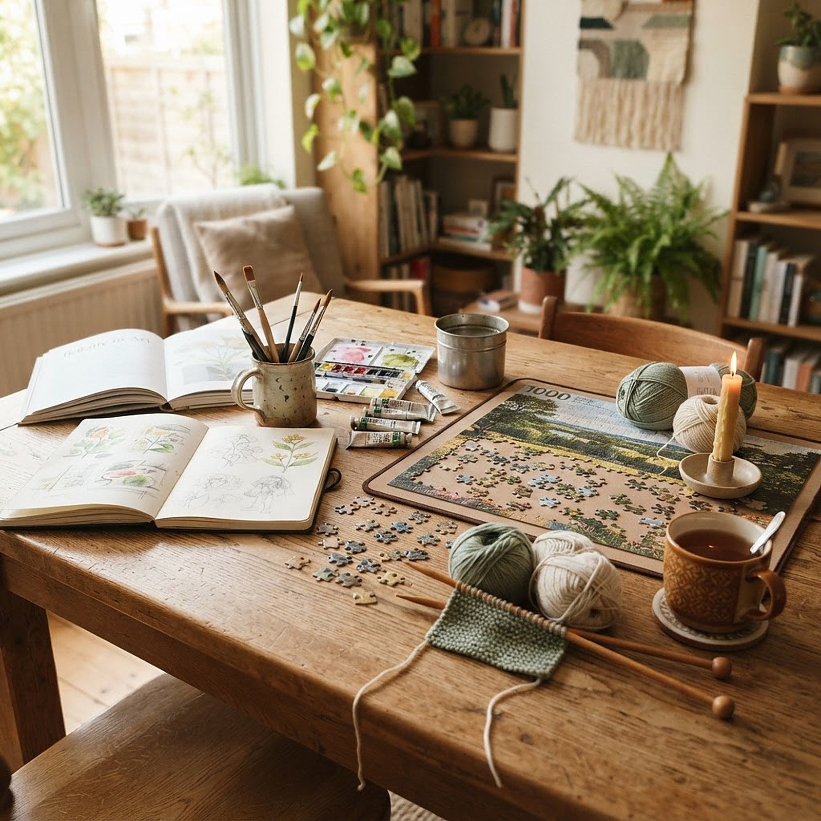 Paint tubes, brushes, books, and a puzzle arranged on a warm hobby table.