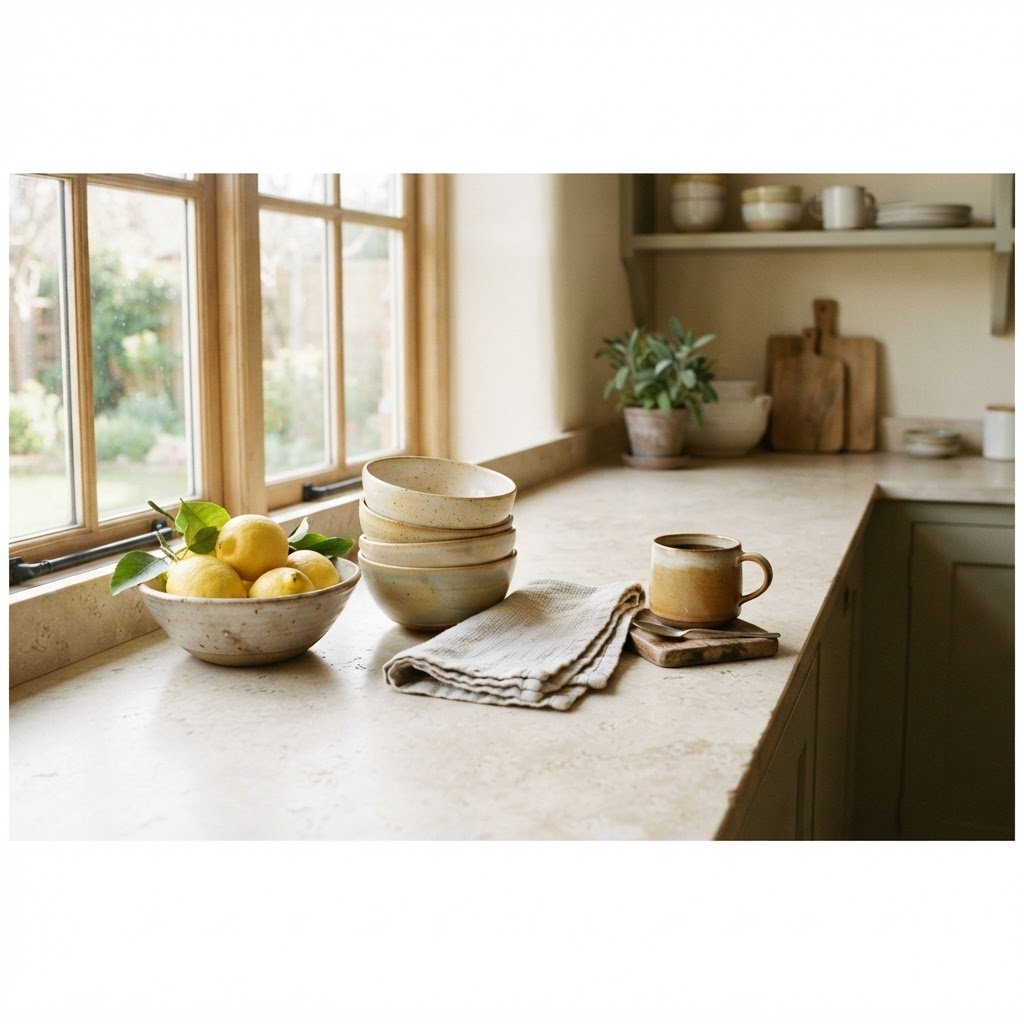 A bright, airy kitchen counter in soft morning light: a bowl of lemons, stacked ceramic bowls, a folded linen towel, and a mug of coffee.