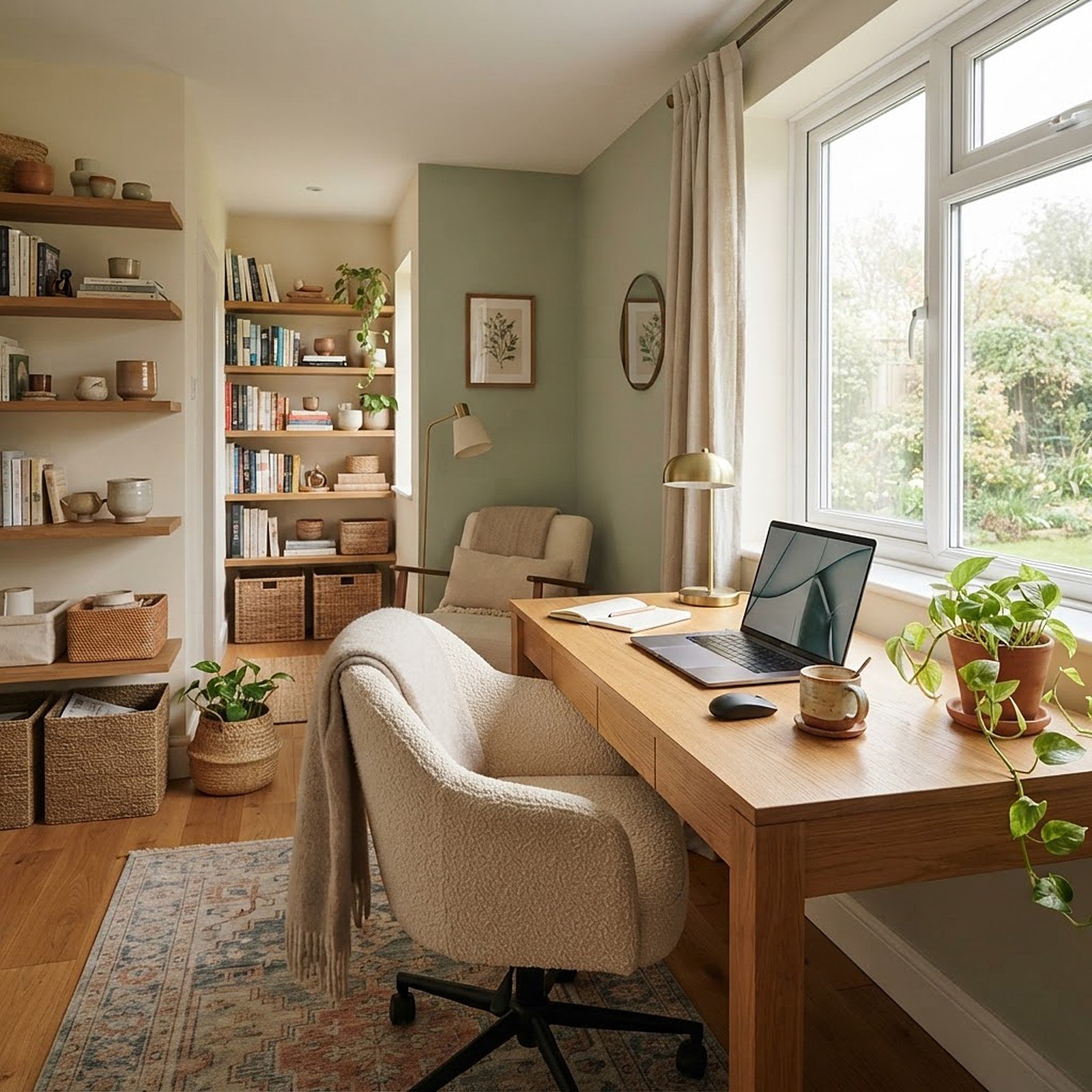 A functional home office in a warm residential setting.
