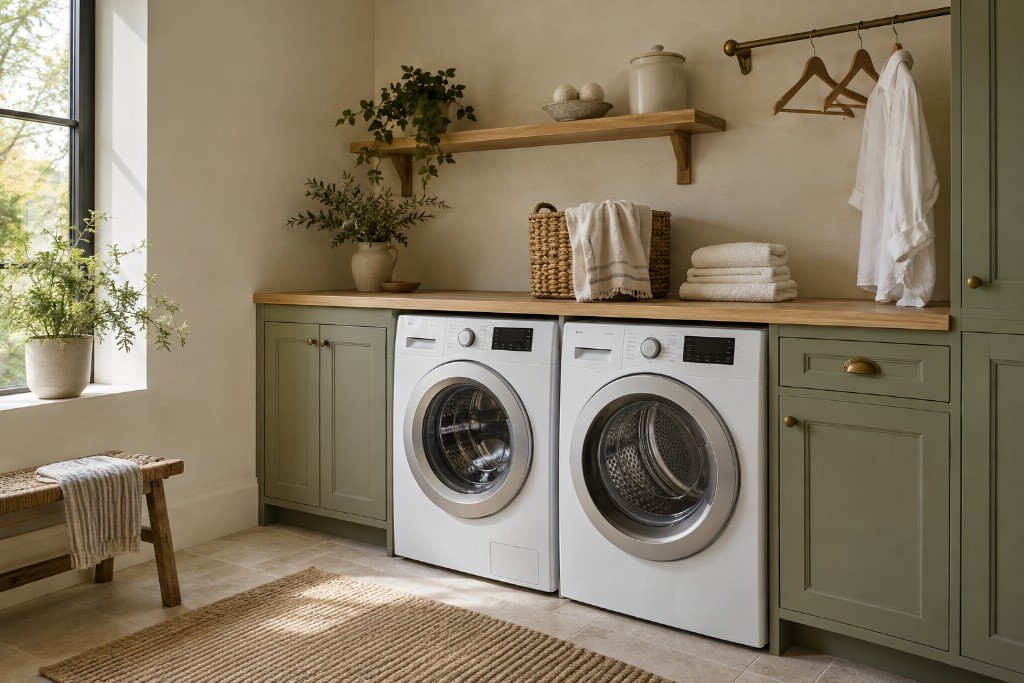 A sage green laundry room with washer, dryer, and open wood shelving.