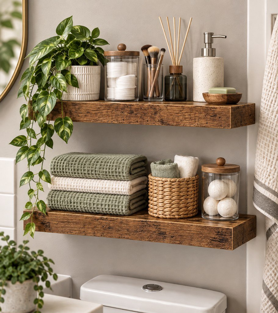 QEEIG Bathroom Floating Shelves for Wall (Brown, Set of 2, 15.7")