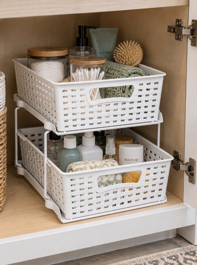 Simple Houseware 2 Tier Pull-Out Sliding Drawer Under Sink Storage, White