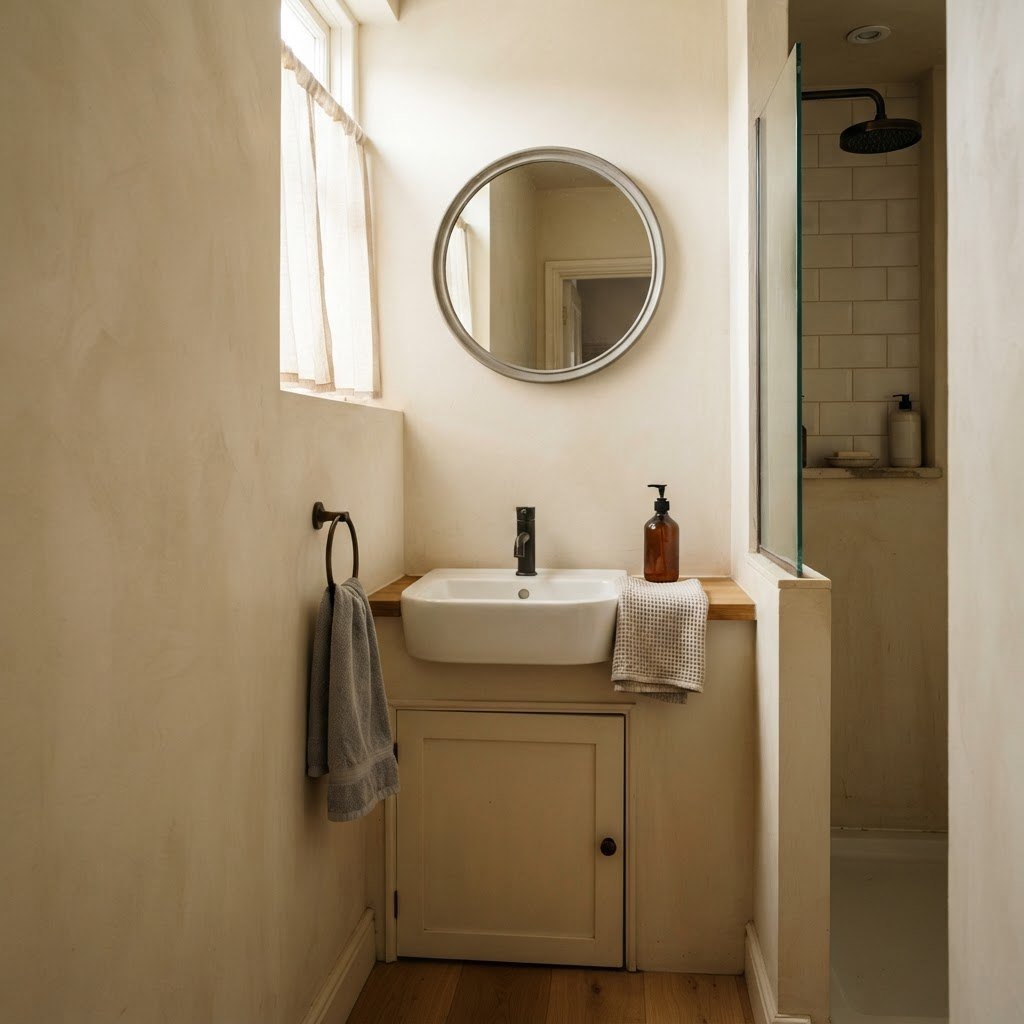 Editorial illustration of a compact bathroom with warm cream walls and dark fixtures; no featured products shown