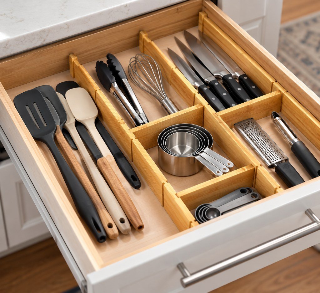 SpaceAid Bamboo Drawer Dividers with Inserts and Labels, Expandable, 17-22in