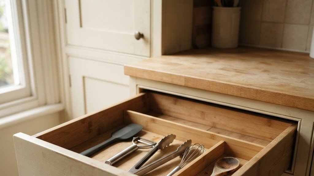 Illustrative open kitchen drawer with a few everyday utensils and open space