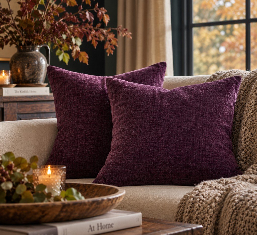 Plum purple chenille throw pillows styled on a sofa with fall foliage and a lit candle.