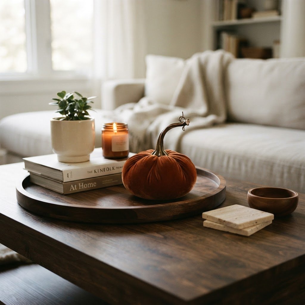 A round wood tray styled with velvet pumpkins
