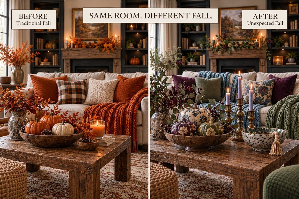 Same living room styled two ways for fall, with traditional orange decor on the left and unexpected plum, dusty blue, sage, brass and patterned pumpkins on the right.