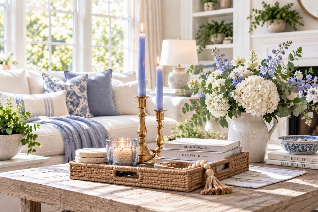 Periwinkle candles styled in a bright spring room with white flowers, fresh greenery, blue textiles and natural sunlight.