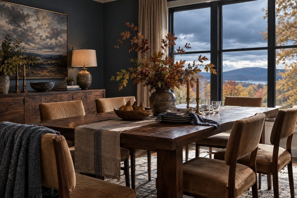 Fall dining room with stormy blue-gray walls, camel upholstered chairs and walnut furniture overlooking an autumn landscape.