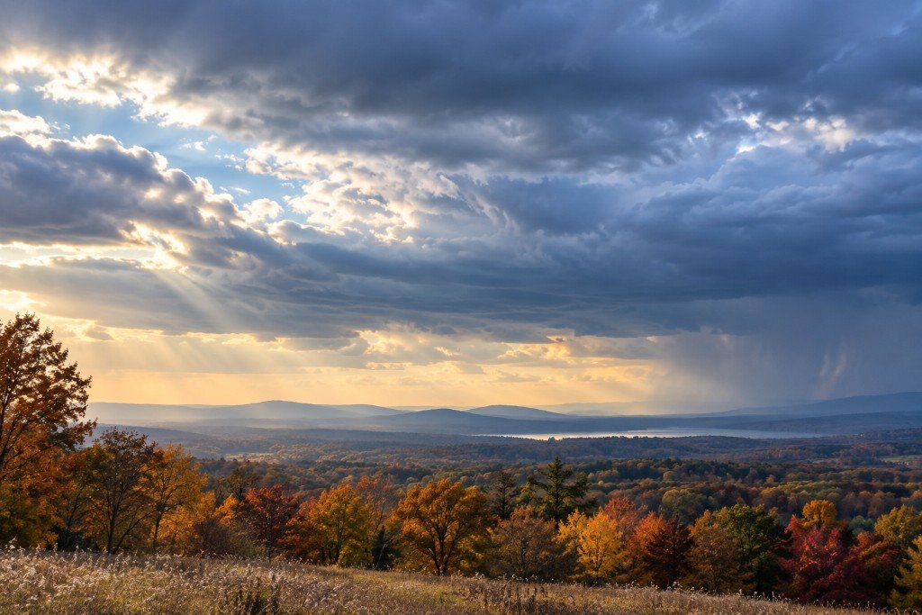 Stormy blue-gray clouds over an autumn landscape with golden fall foliage and warm light breaking through the sky.