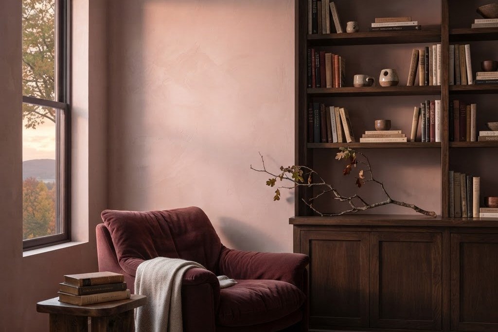 Autumn reading nook with dusty pink plaster walls, burgundy armchair and dark wood shelving in sunset light.